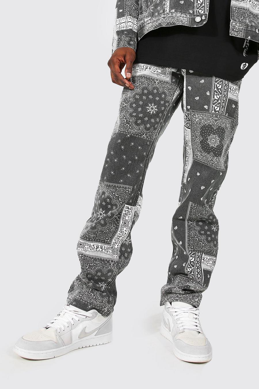 Mid grey Jeans med bandanamönster och ledig passform image number 1