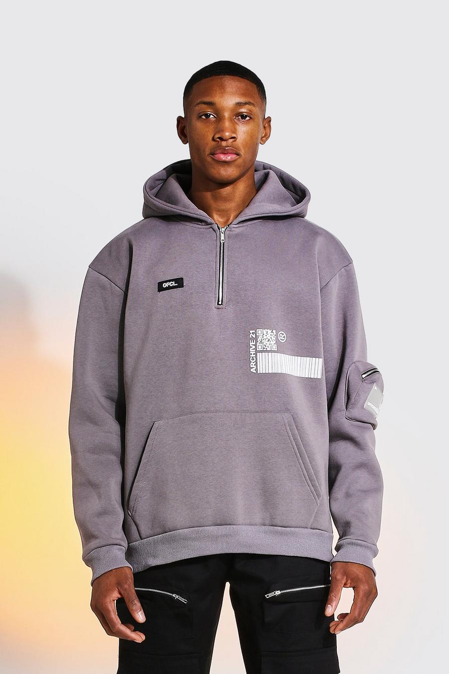Charcoal Oversize hoodie i utilitystil med grafiskt tryck image number 1