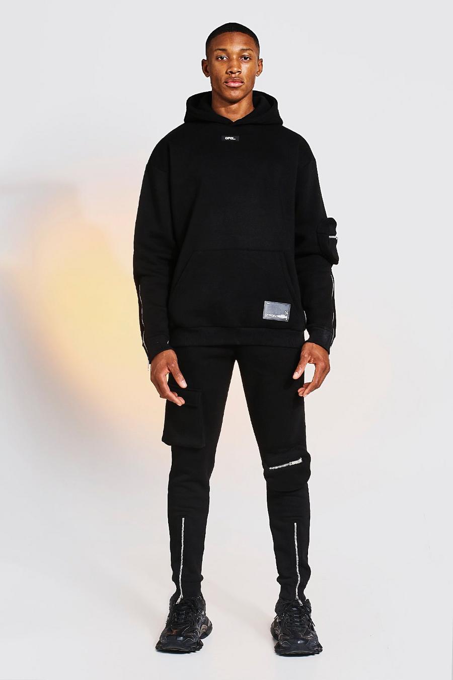 Oversized Cargo Hooded Tracksuit with Zip Detail, Black image number 1