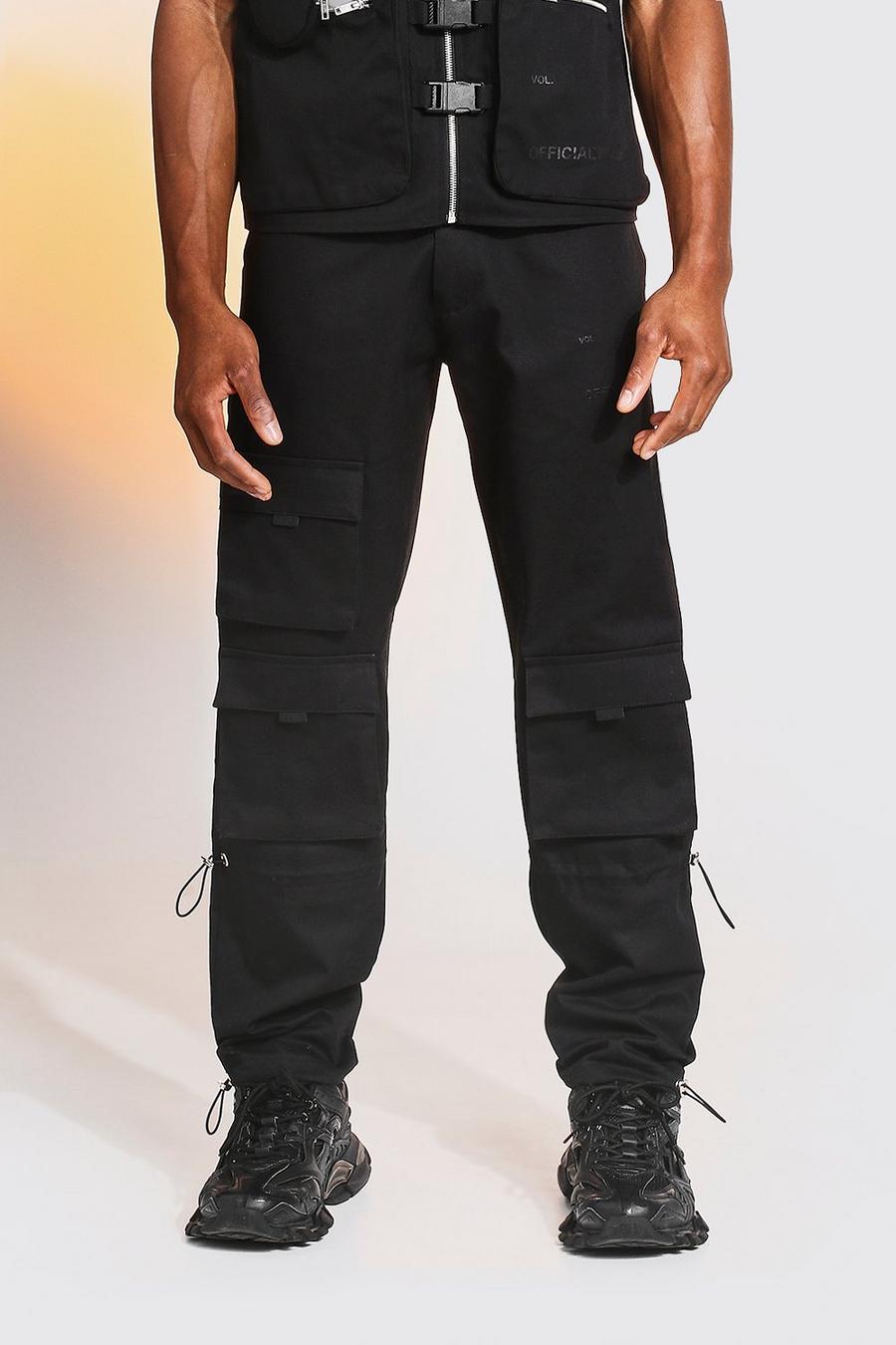 Black Camo Zip Detail Cargo Pants With Bungee Cuff image number 1