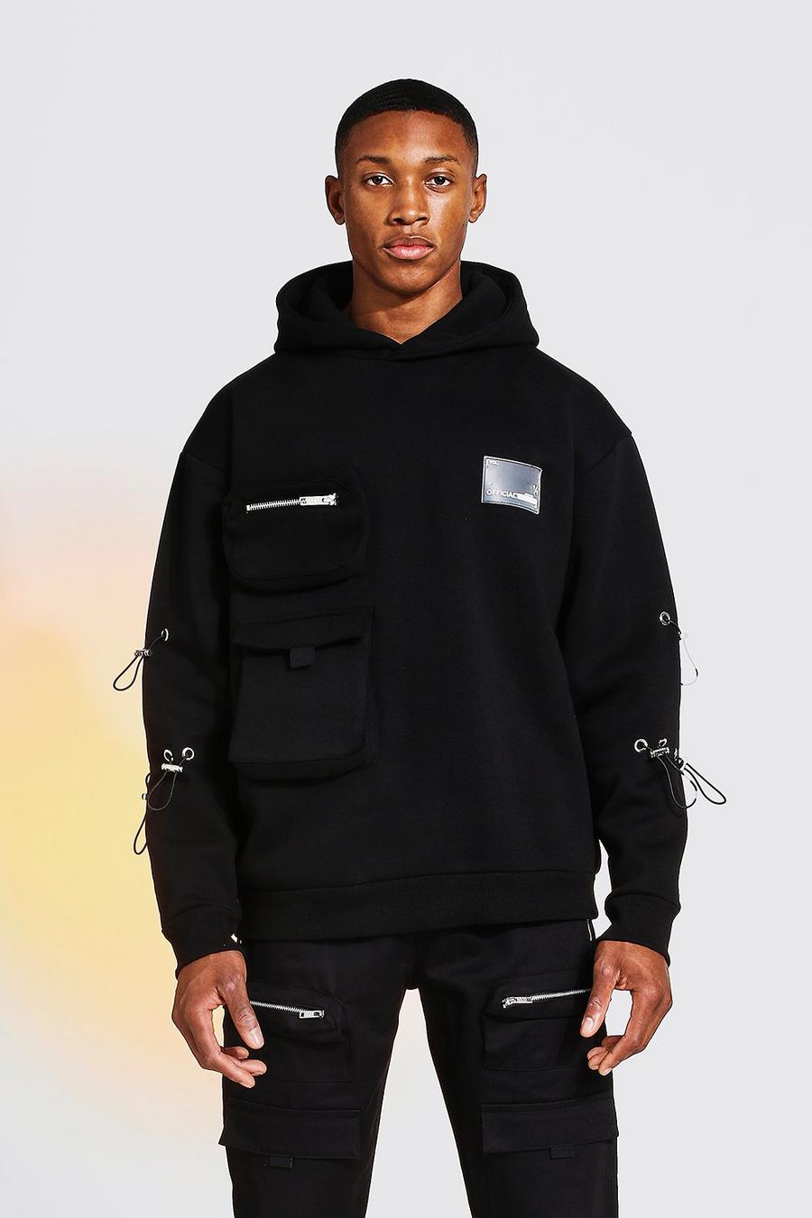 Black Oversize hoodie i utilitystil med elastiska band image number 1