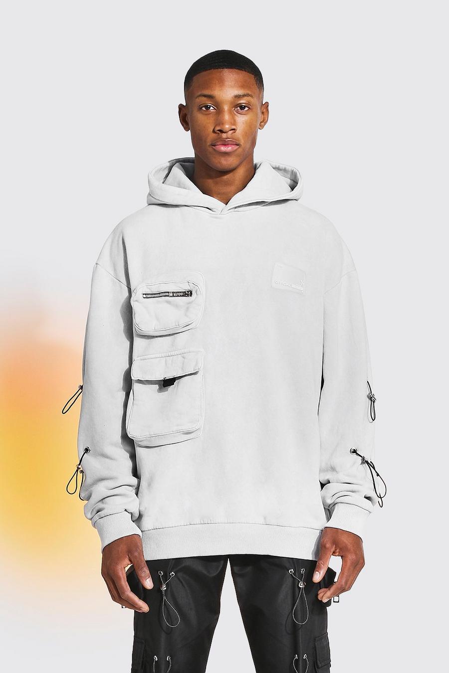 Light grey Oversize stentvättad hoodie i utilitystil image number 1