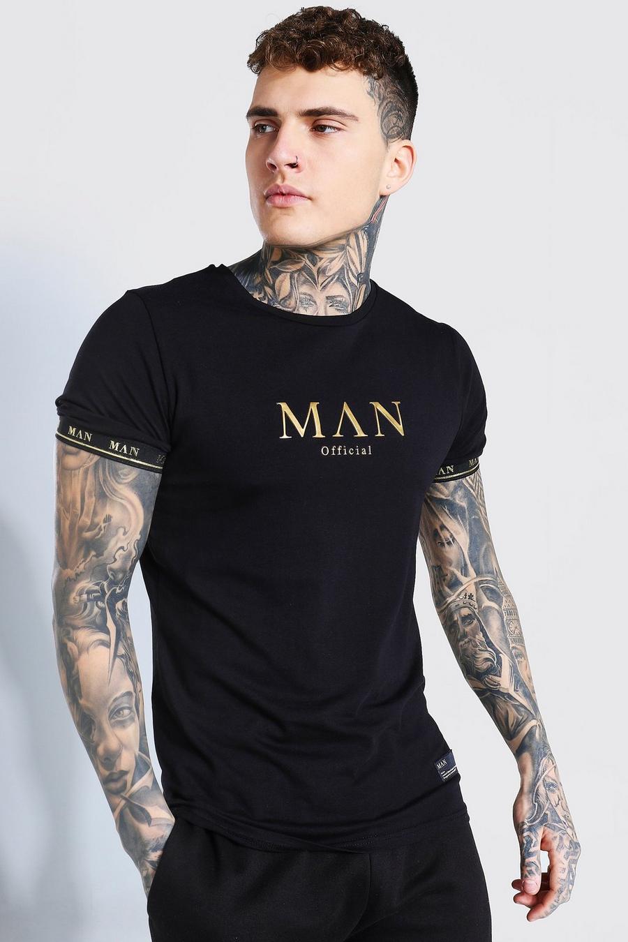 T-shirt Man Gold con riga attilata con logo, Nero black