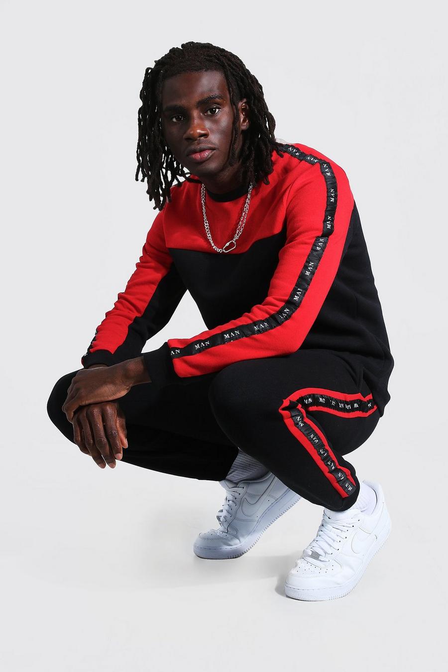 Black MAN Colour Block Sweater Tracksuit With Tape image number 1