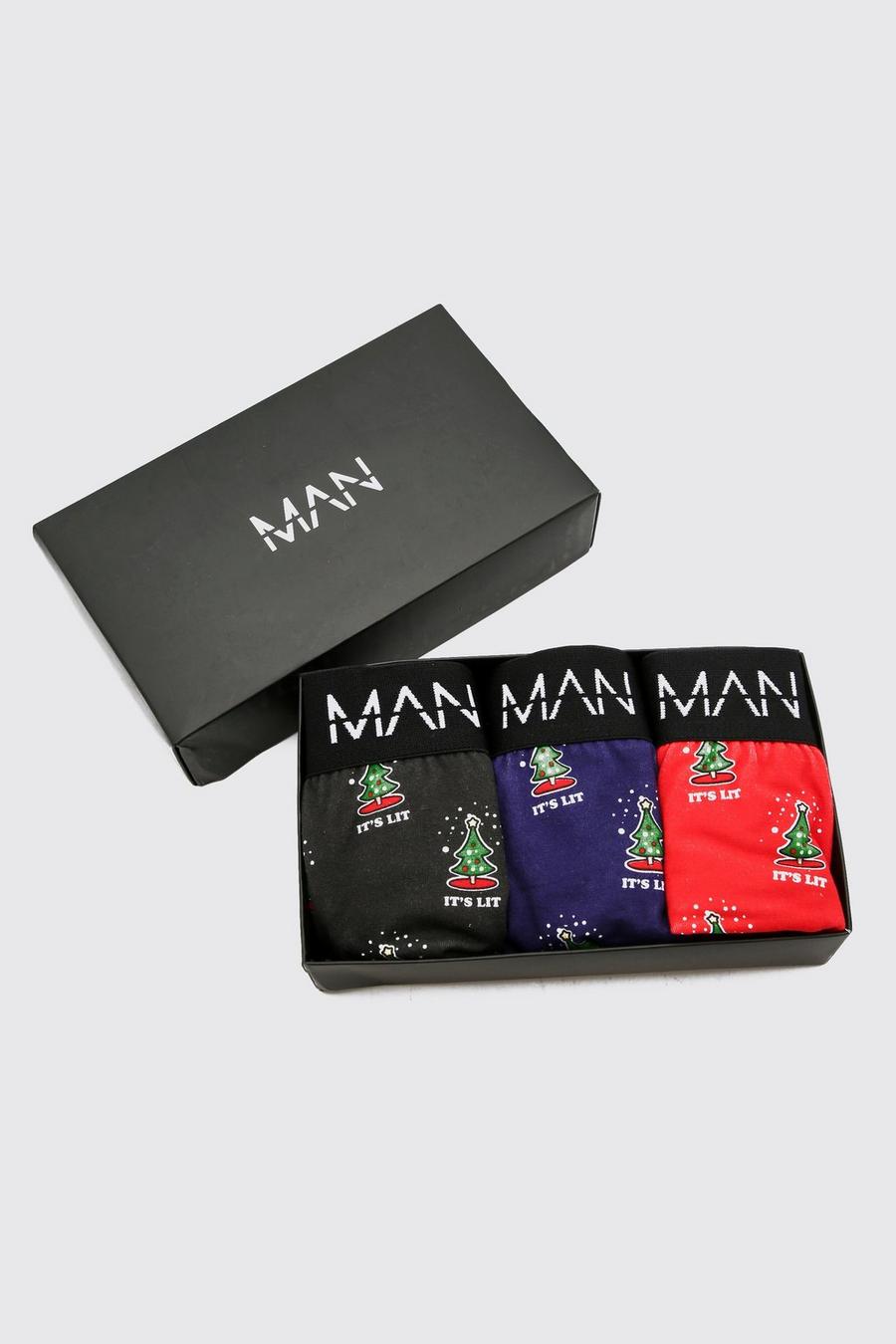 Pack de 3 bóxers MAN navideños con árbol de navidad y caja de regalo, Multicolor image number 1