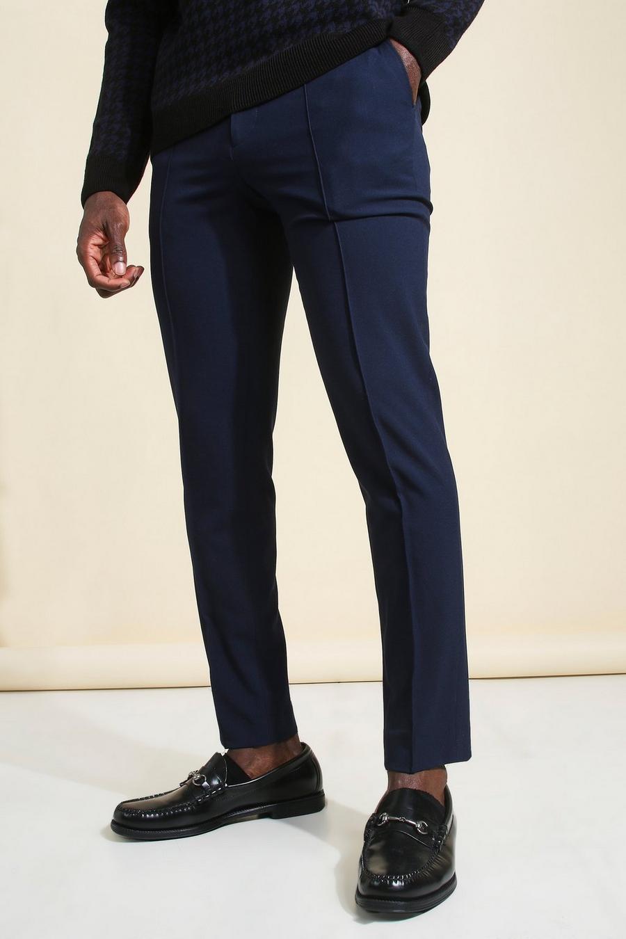 Navy Skinny Plain Tapered Smart Pants With Pintuck image number 1