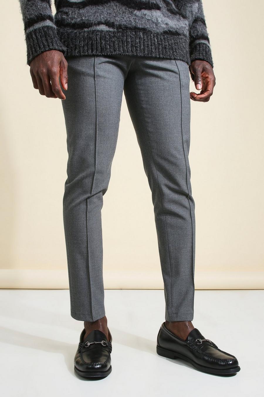 Grey Avsmalnande kostymbyxor i skinny fit med dekorativa veck image number 1