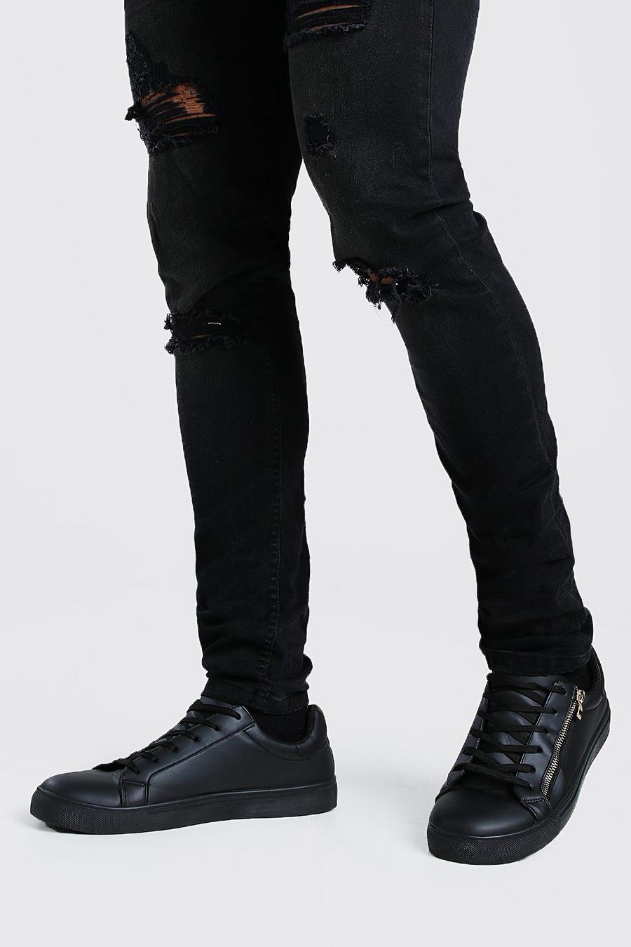 שחור נעלי ספורט דמוי עור עם רוכסן צד image number 1