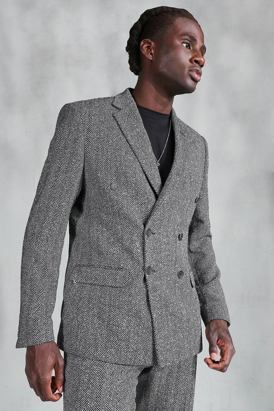 Grey Slim Herringbone Double Breasted Suit Jacket image number 1