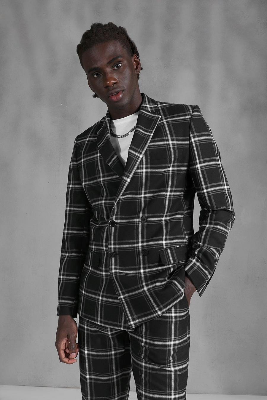 Black Slim Check Double Breasted Suit Jacket image number 1