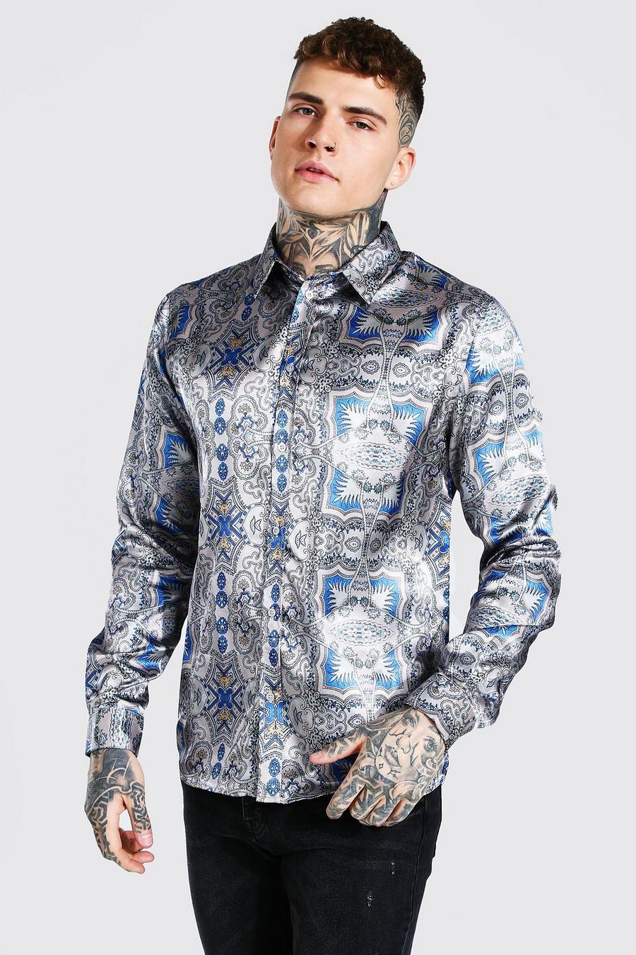 Taupe beige Long Sleeve Baroque Print Satin Shirt image number 1