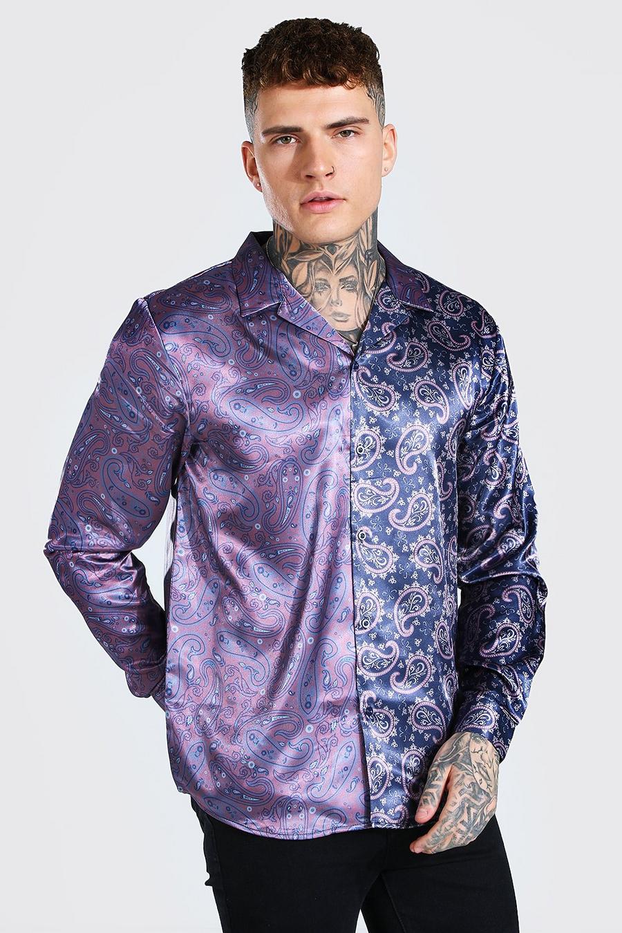 Camisa de manga larga con estampado de cachemira en satén y diseño desigual, Azul marino image number 1