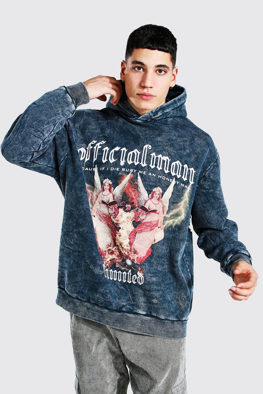 Charcoal grey Oversized Official MAN Acid Wash Print Hoodie image number 1