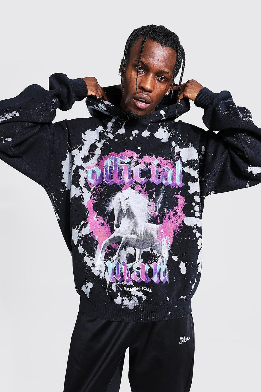 Black Official MAN Oversize batikmönstrad hoodie med tryck image number 1