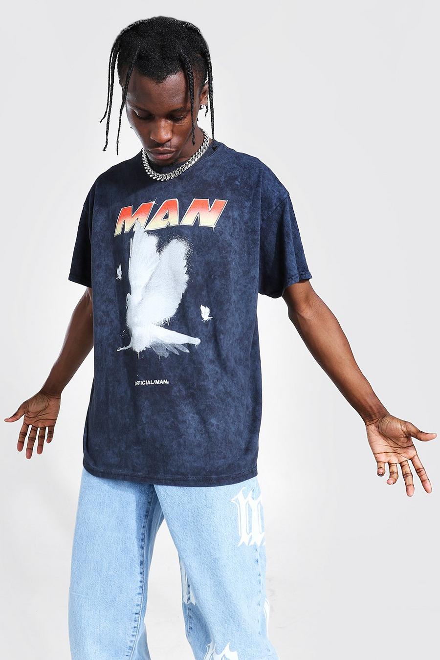 T-shirt oversize délavé imprimé colombe, Charcoal image number 1