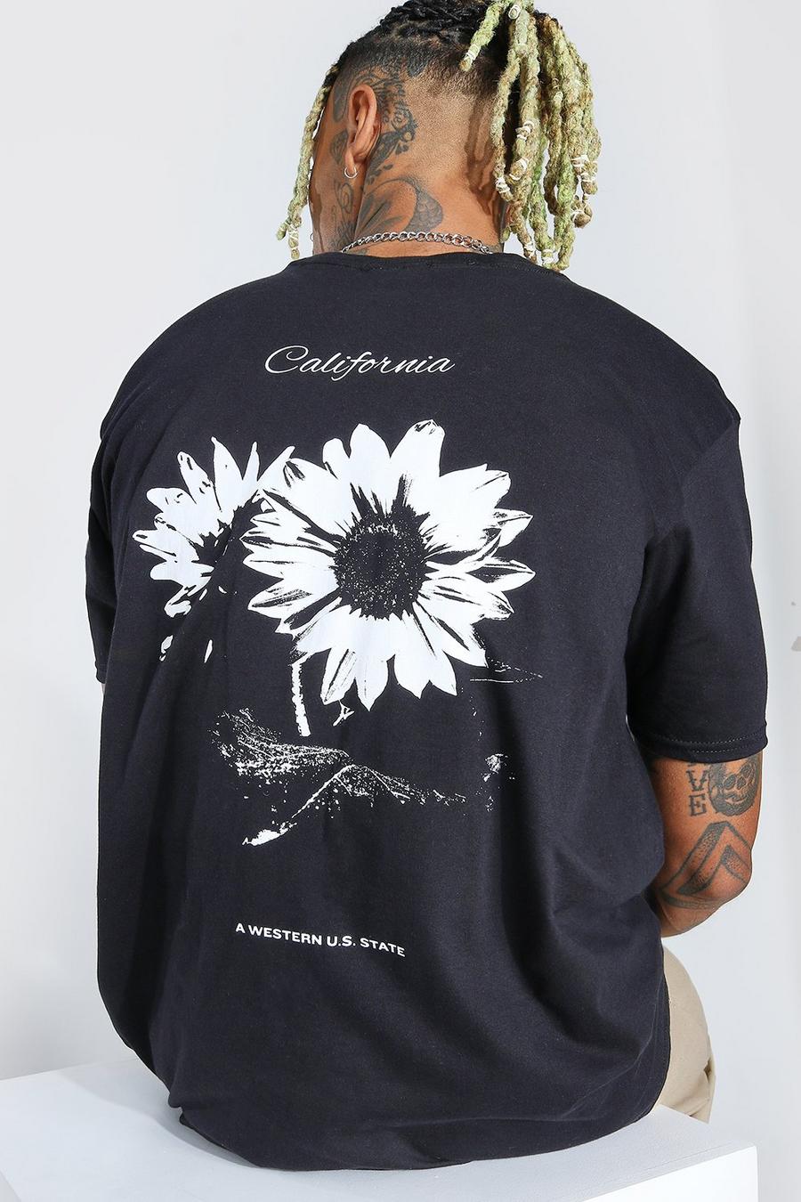 Printed T-Shirt in Übergröße mit „California“-Blumen-Aufdruck hinten, Schwarz image number 1