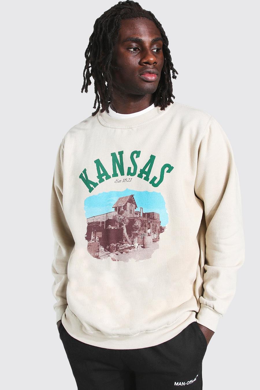 Sweatshirt in Übergröße mit „Kansas“-Print, Steingrau image number 1