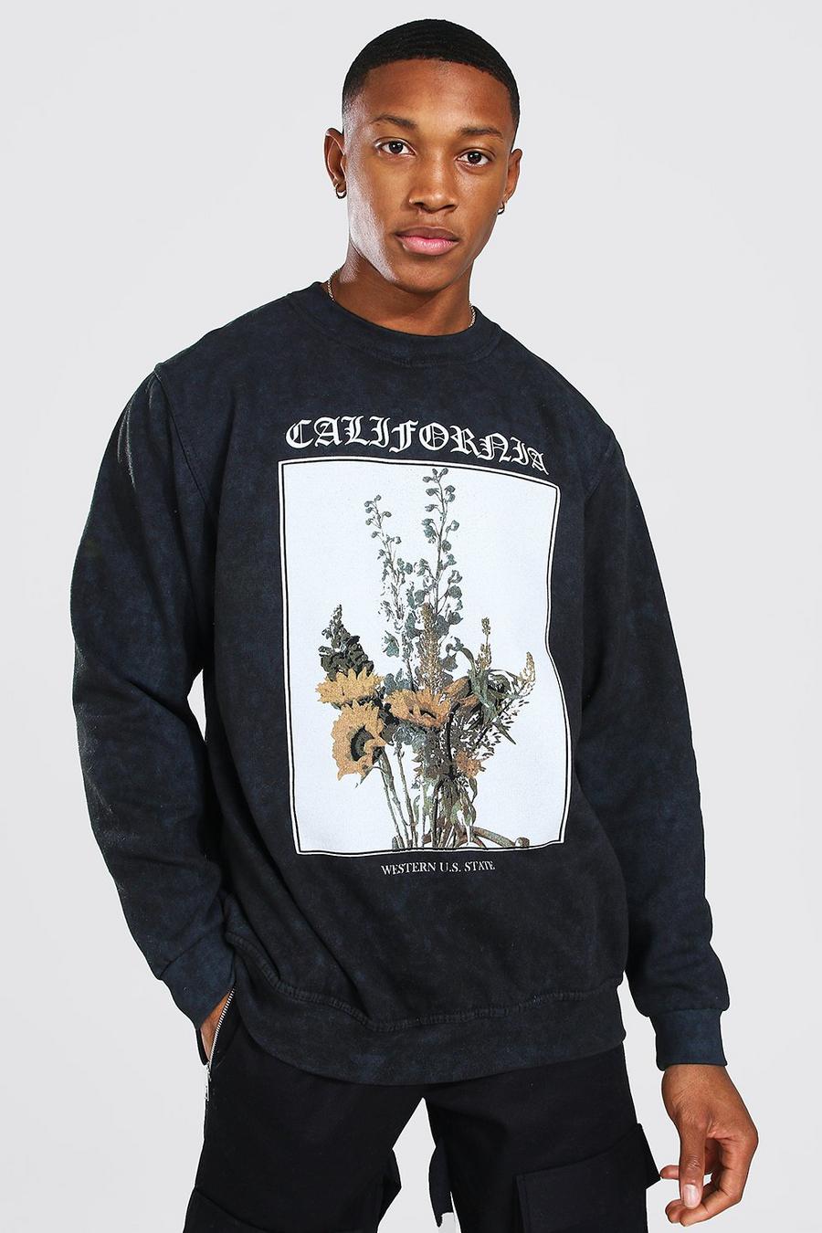 Charcoal Oversize sweatshirt med blommor och stentvättad effekt image number 1