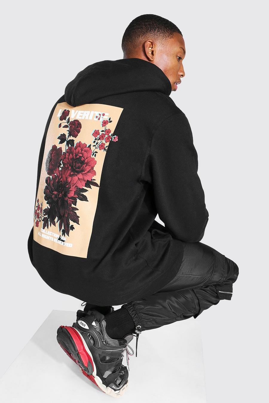 Black Oversize hoodie med blommor bak image number 1