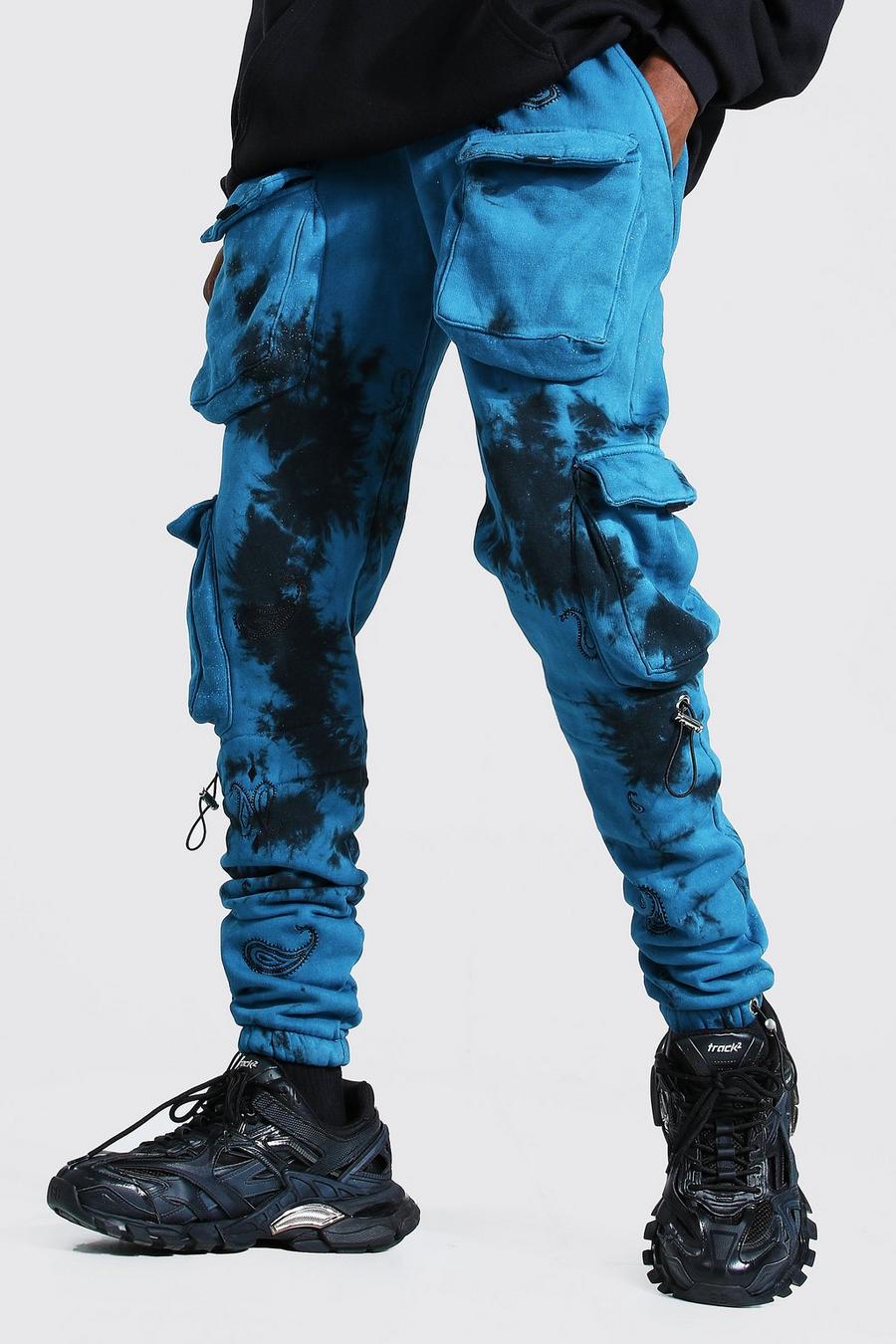Blue blå Tie Dye Cargo Jogger With Bandana Embroidery image number 1