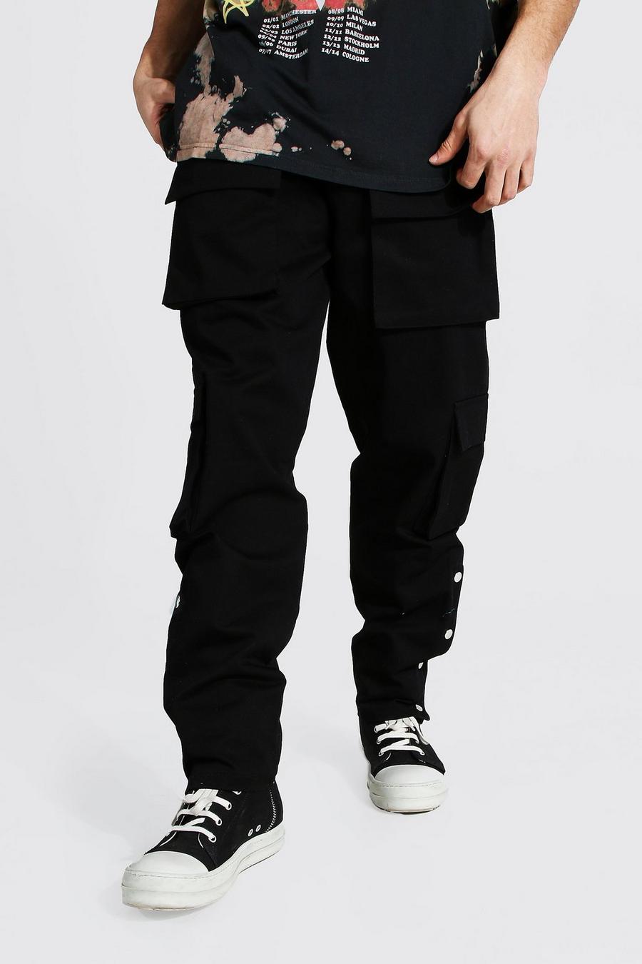 Pantalones de estilo militar de sarga con corchetes laterales, Negro image number 1
