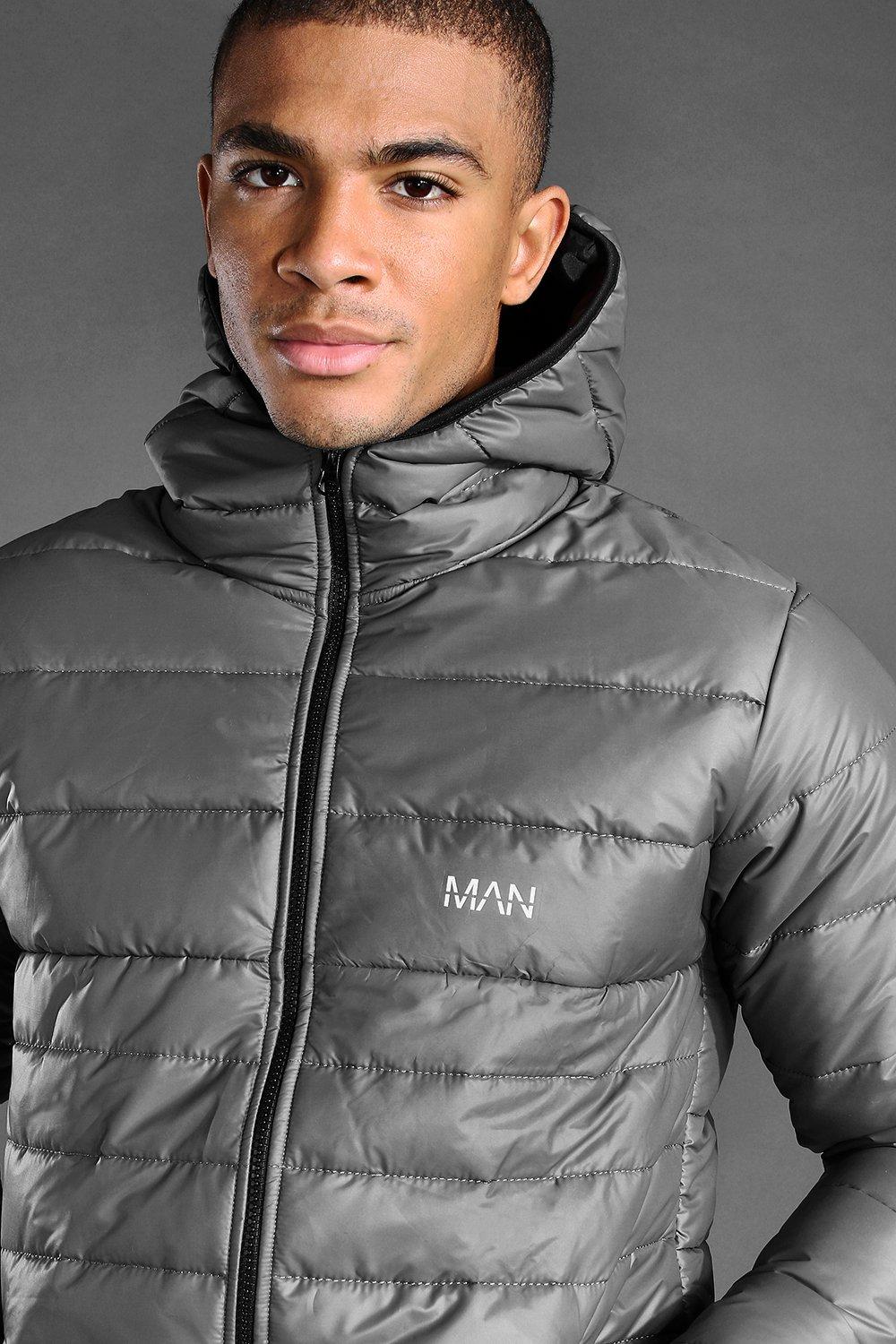 boohooMAN Mens Boxy Oversized PU Patch Peached Nylon Puffer - Black