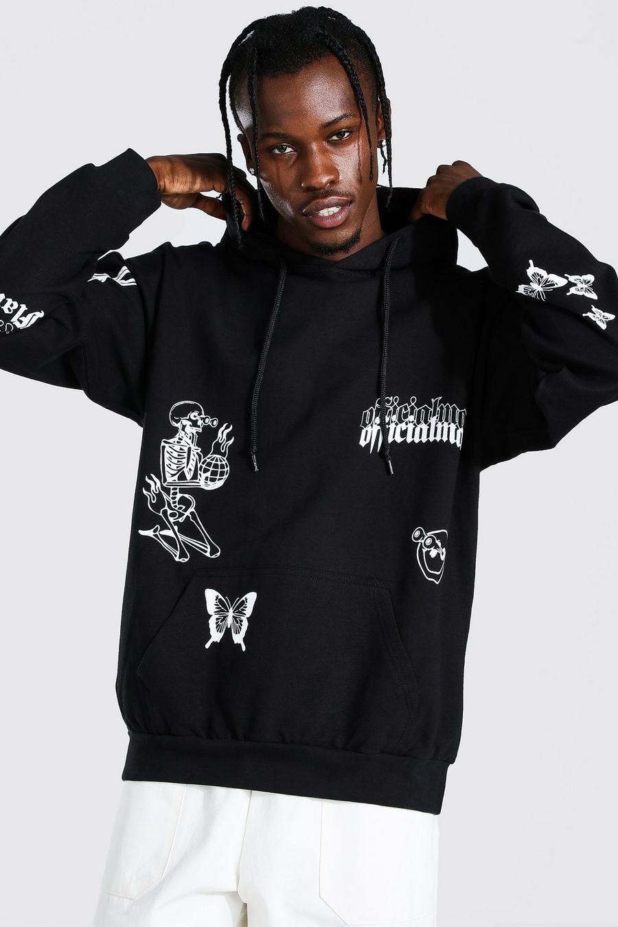 Black svart Oversize hoodie med graffititryck