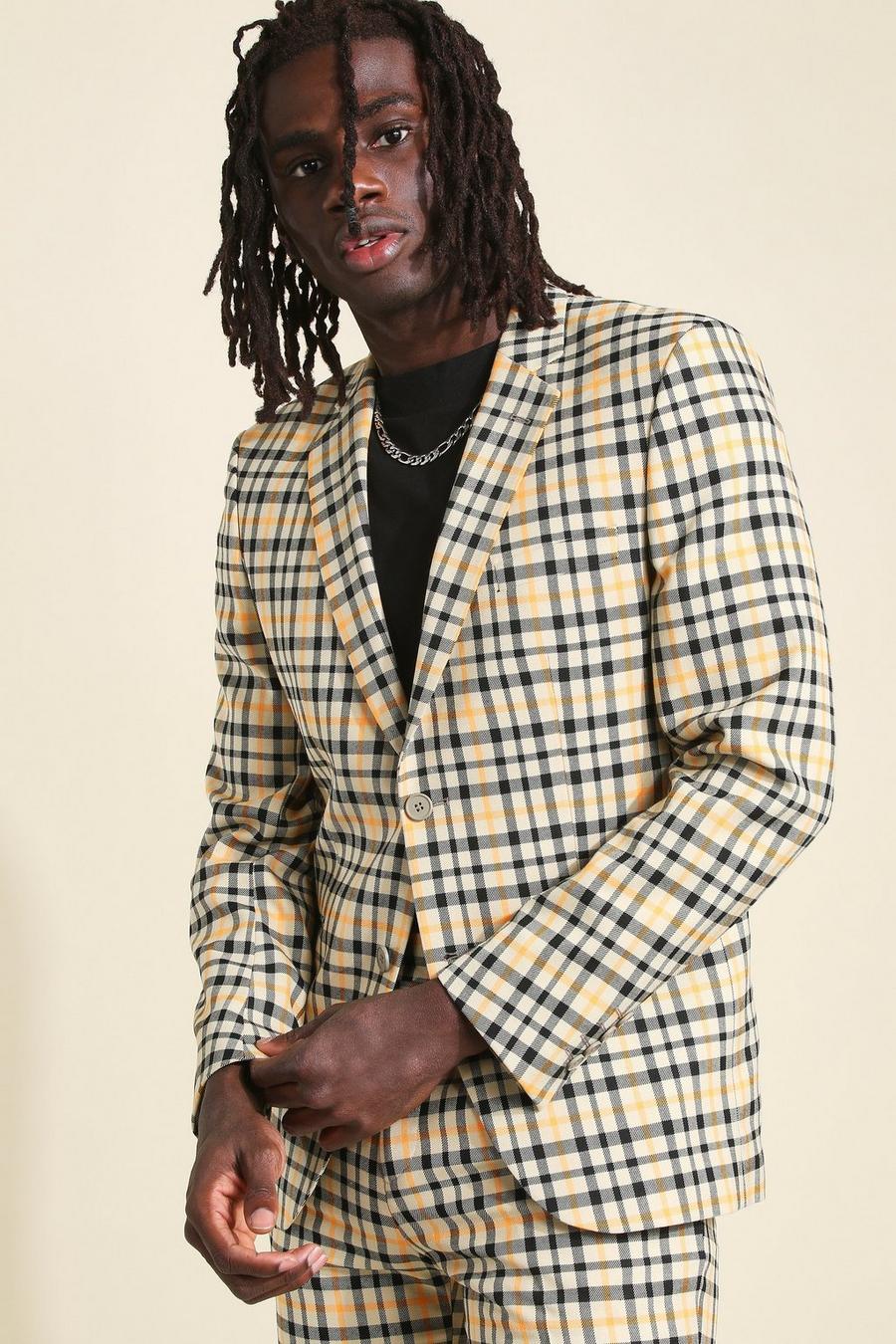 קאמל ז'קט חליפה סקיני עם הדפס משבצות בצבע ניאון image number 1