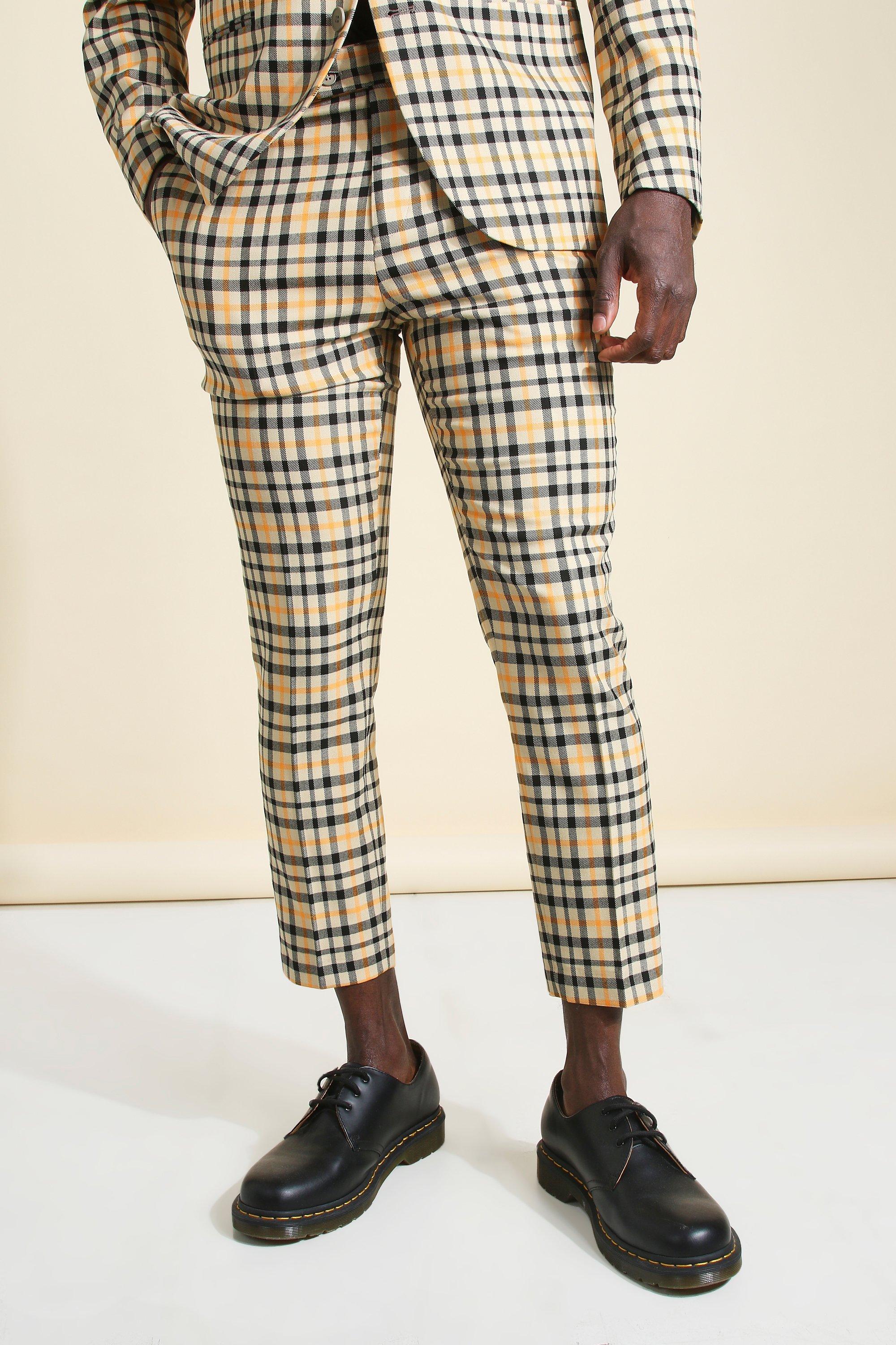 Camel Skinny Neon Check Cropped Suit Trouser