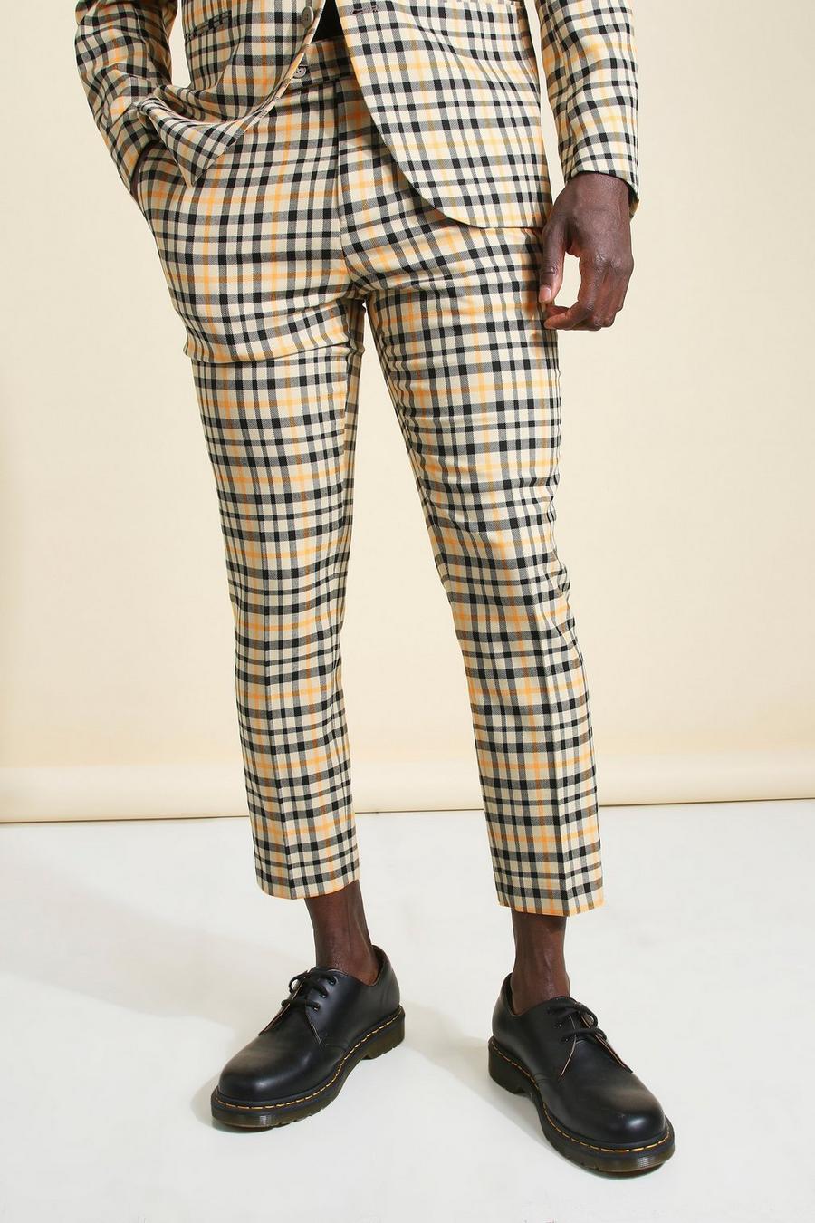 קאמל מכנסי חליפה סקיני קרופ עם הדפס משבצות בצבע ניאון image number 1