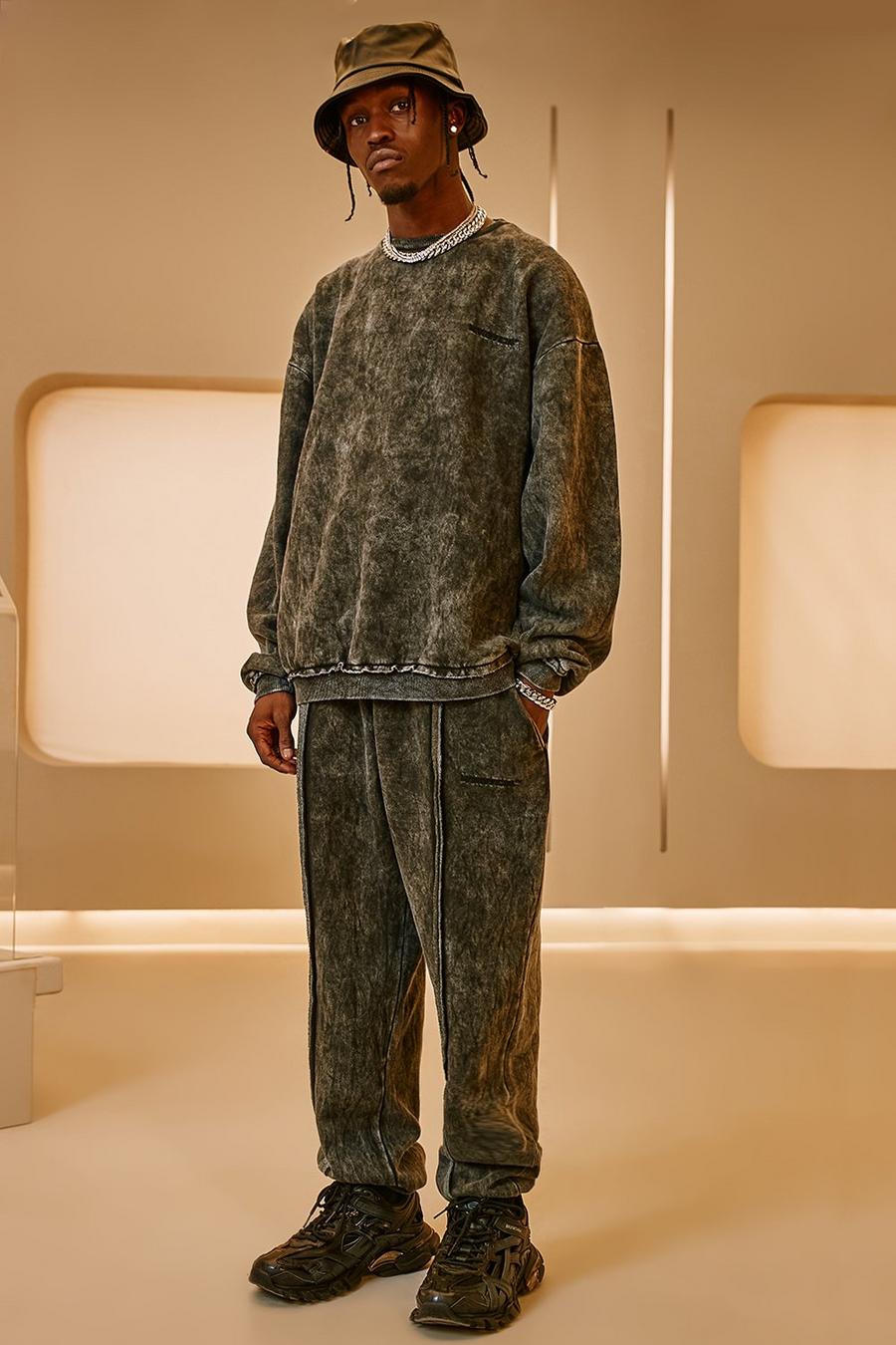 פחם חליפת טרנינג אוברסייז אסיד ווש עם תפרים גלויים של Man image number 1