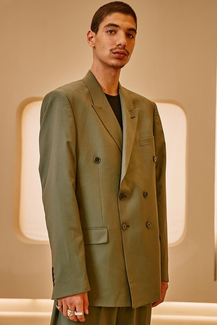 Chaqueta de vestir lisa con botonadura doble de corte holgada, Verde salvia image number 1