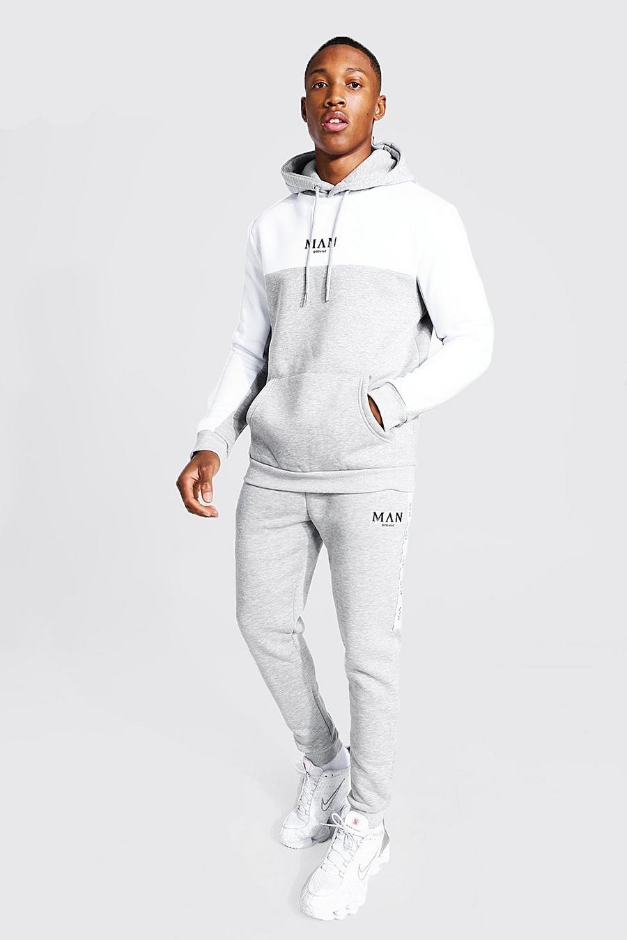 Grey Man Colour Block Hooded Tracksuit With Tape image number 1