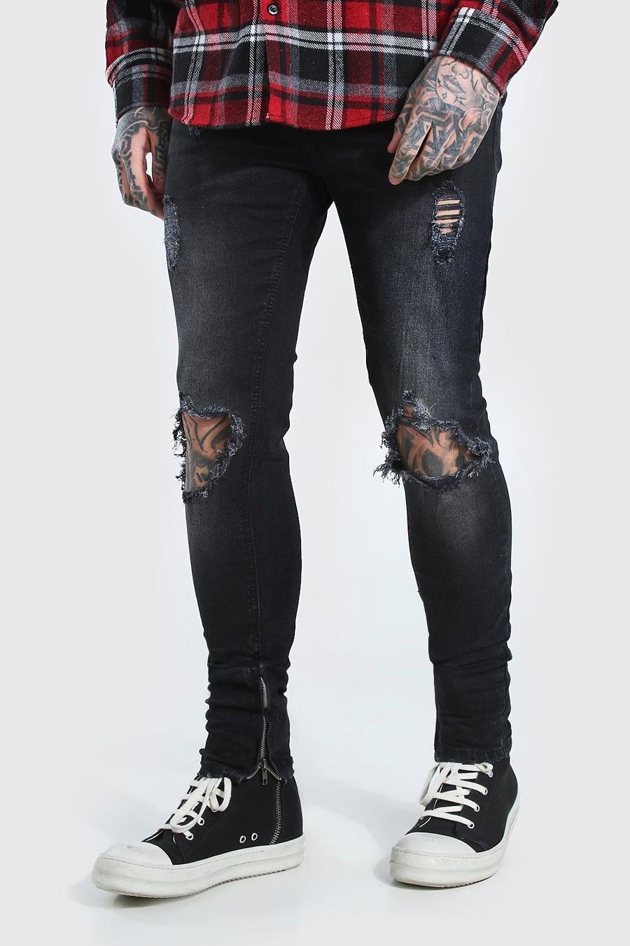Washed black Skinny jeans med stretch och slitna knän image number 1