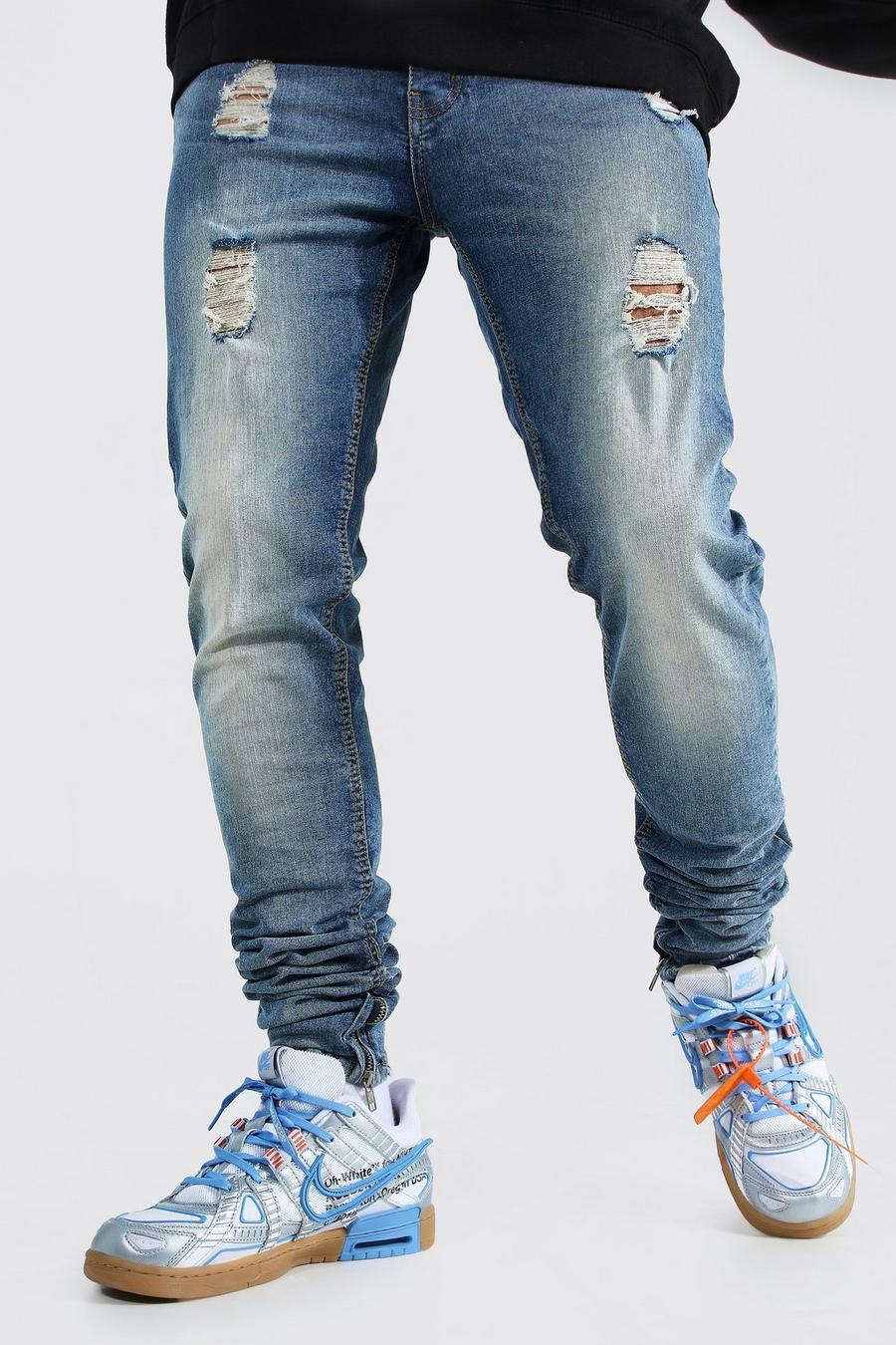 כחול בהיר סקיני ג'ינס נערם ונמתח עם קרעים image number 1