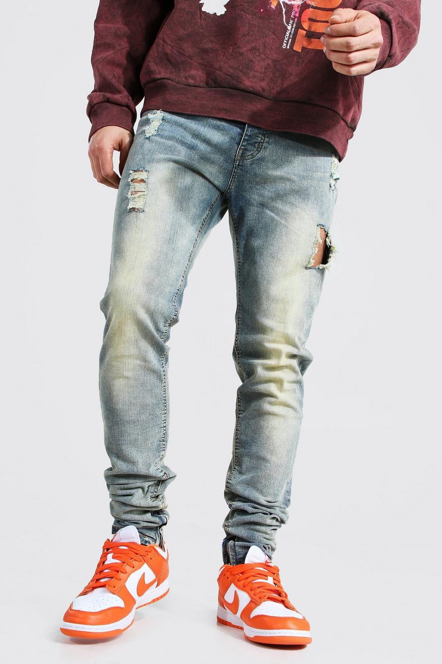 כחול עתיק סקיני ג'ינס נערם ונמתח עם קרעים image number 1