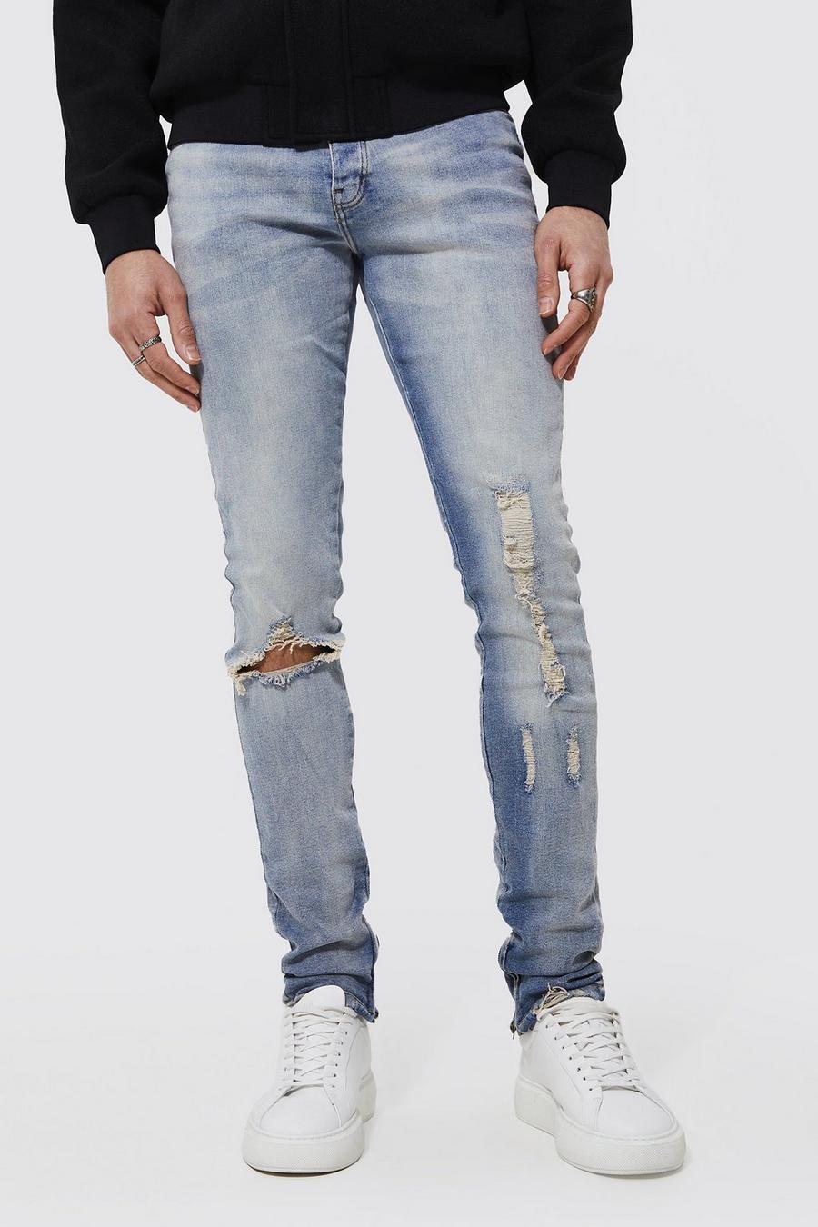 Light blue bleu Skinny Stacked Busted Knee Distressed Jeans