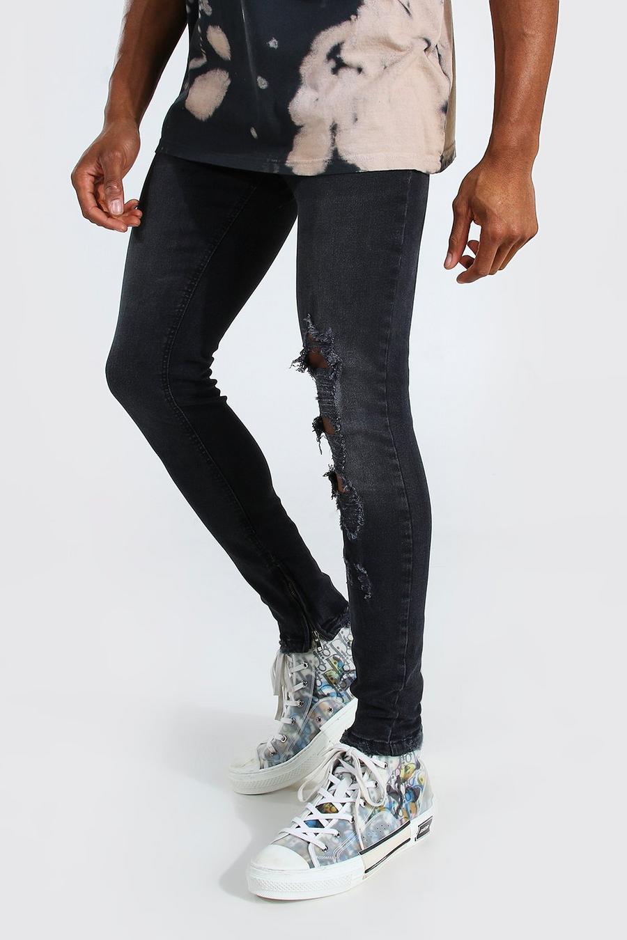 שחור דהוי סקיני ג'ינס מבד סטרץ' עם קרעים image number 1