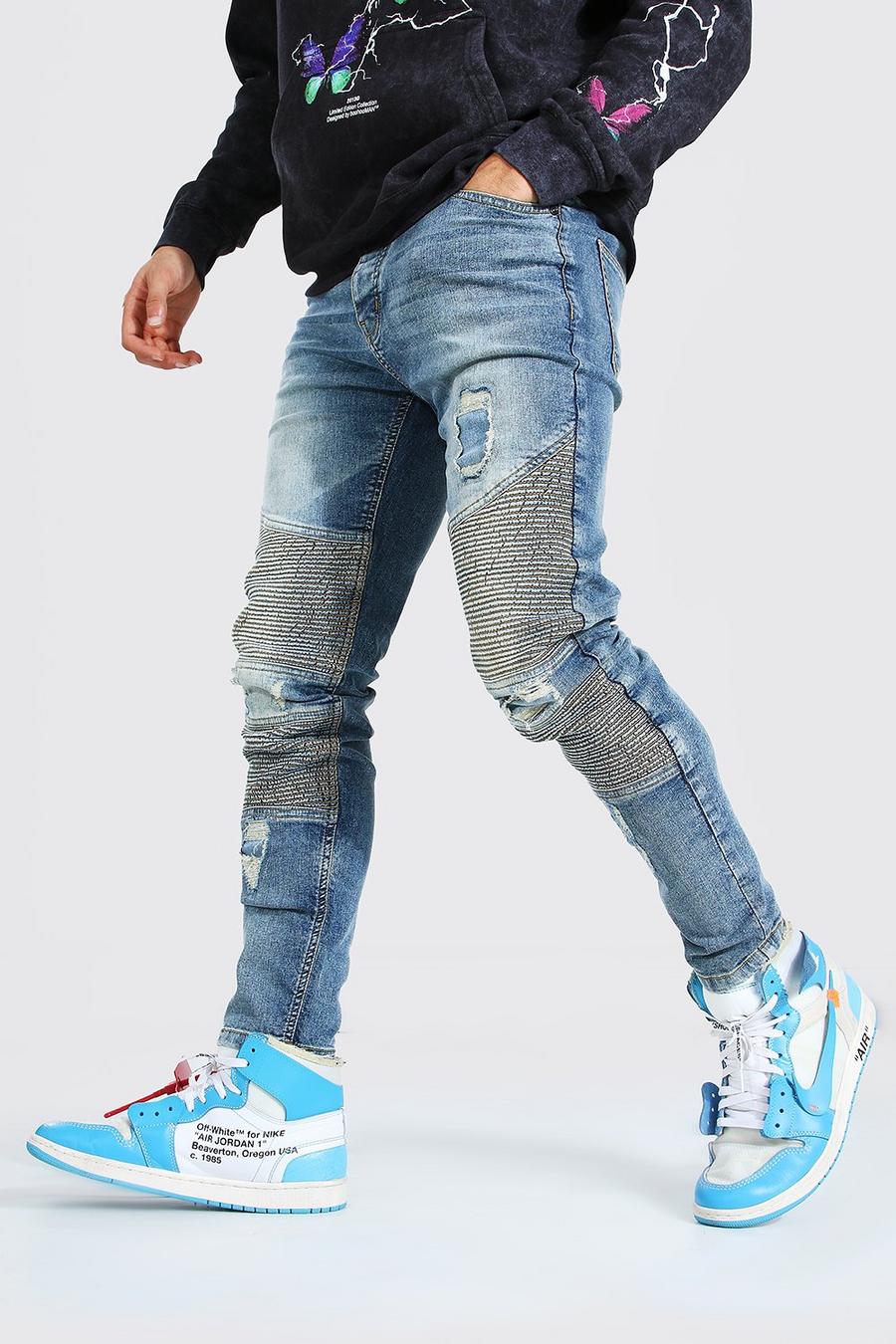 כחול ביניים סקיני ג'ינס בסגנון אופנוענים מבד נמתח עם קרעים image number 1