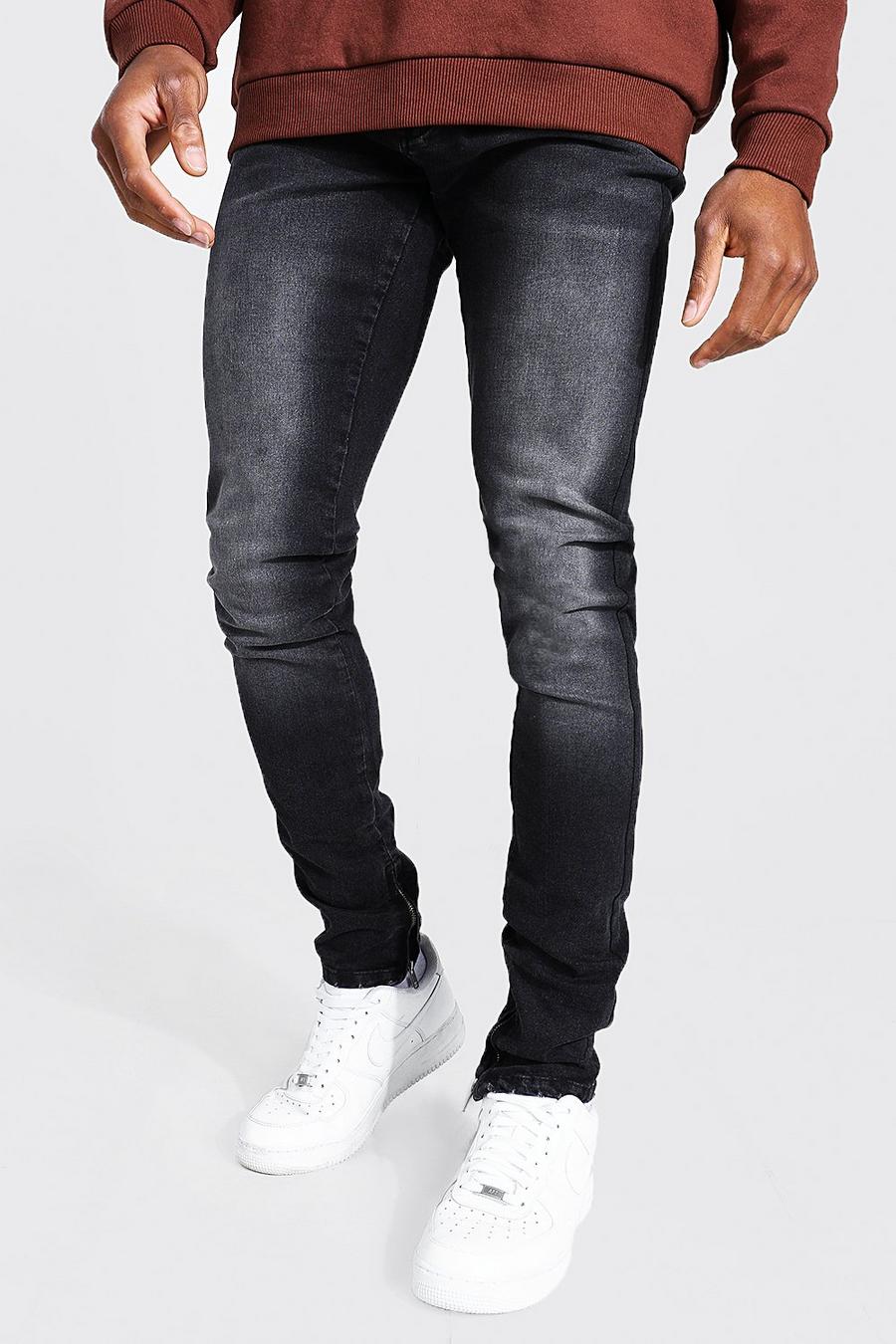Washed black Jeans med avsmalnande ben och dragkedjor image number 1