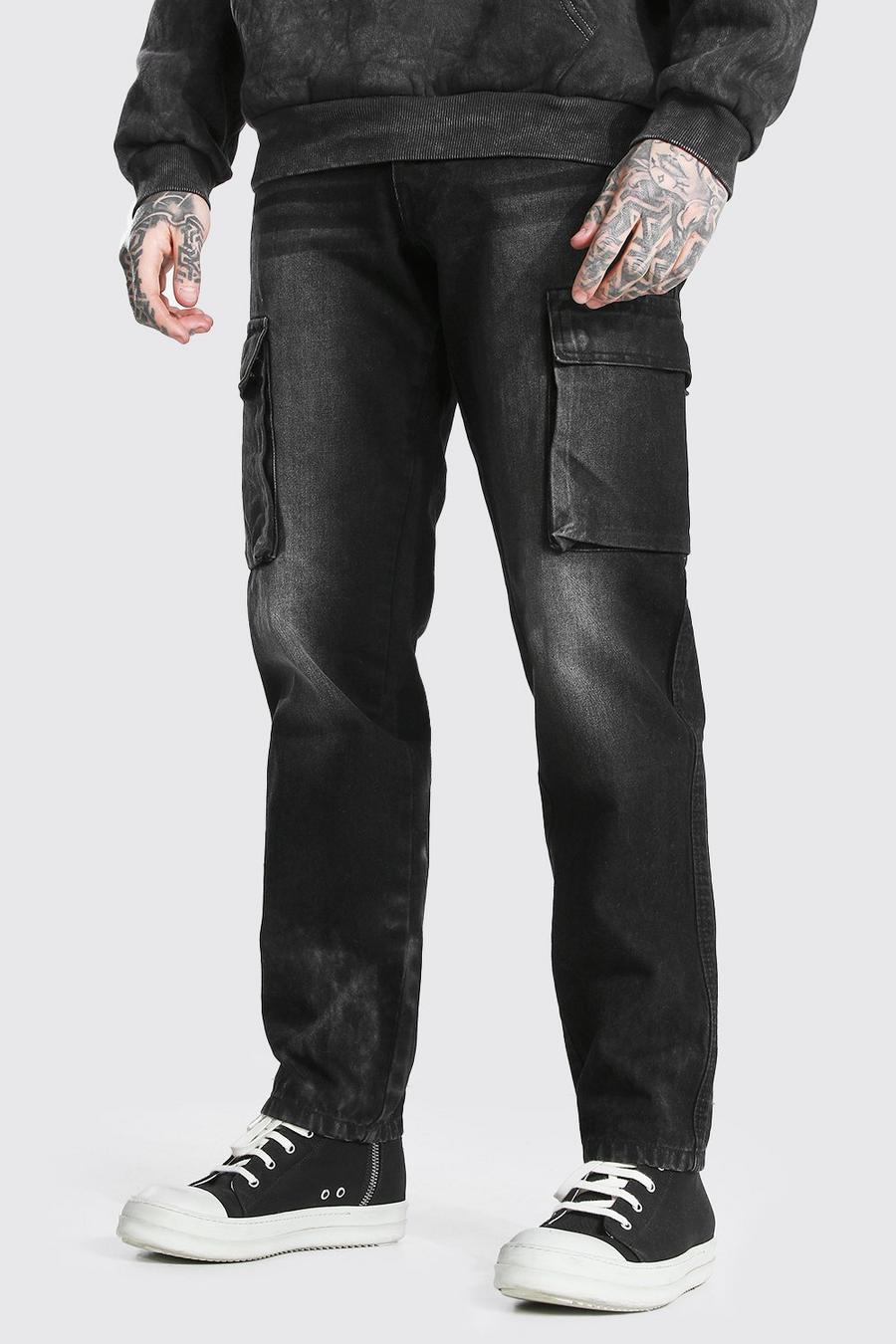 Washed black Jeans i rigid denim med ledig passform och cargofickor image number 1