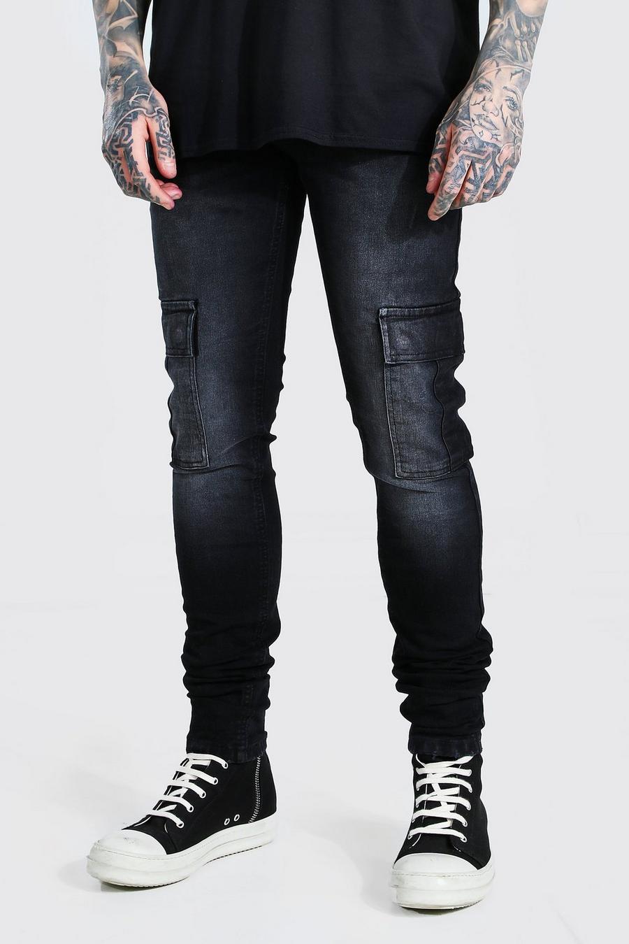 Washed black Skinny jeans med stretch och cargofickor image number 1