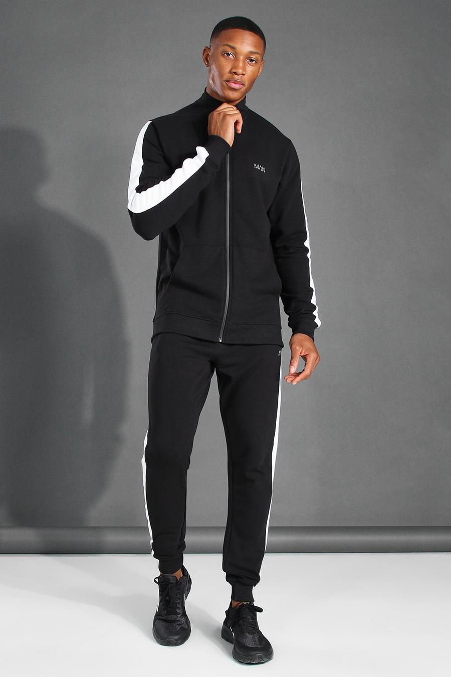 שחור חליפת טרנינג ספורטיבית עם רוכסן, צווארון משפך, פס בצד וכיתוב MAN image number 1