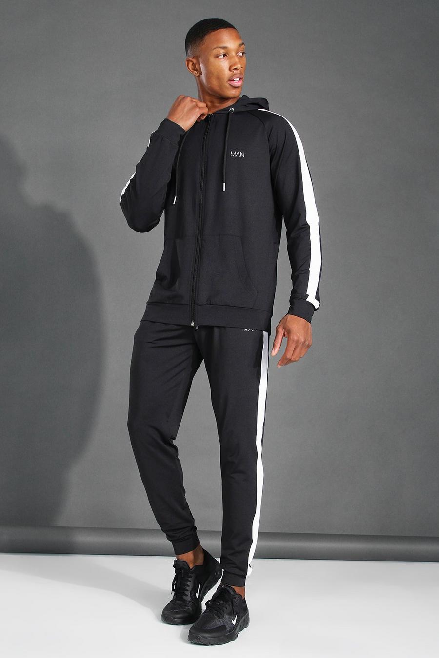 שחור חליפת טרנינג ספורטיבית עם קפוצ'ון רוכסן פס בצד וכיתוב MAN image number 1