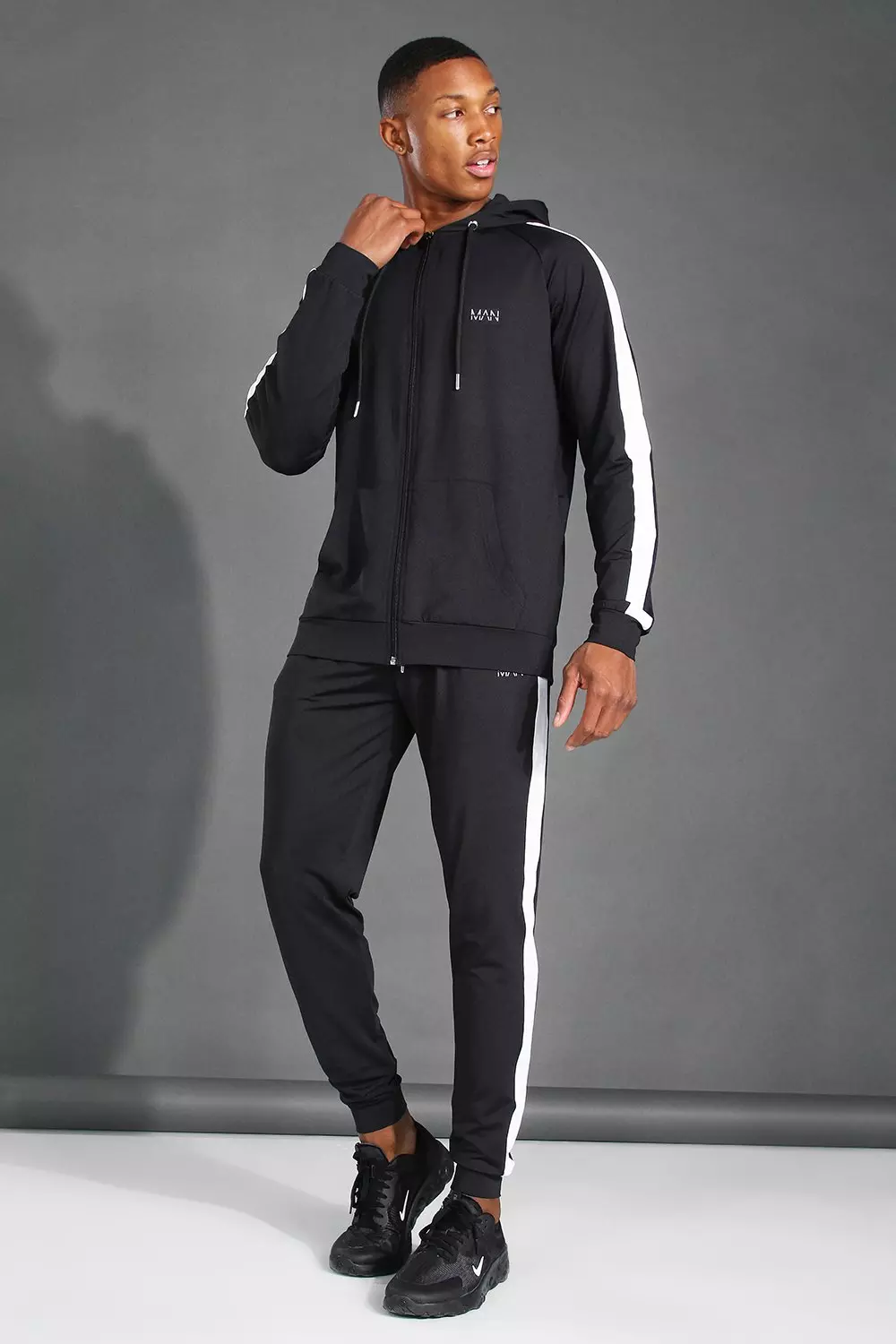 Mens Black Side Zip Detail Hooded Tracksuit