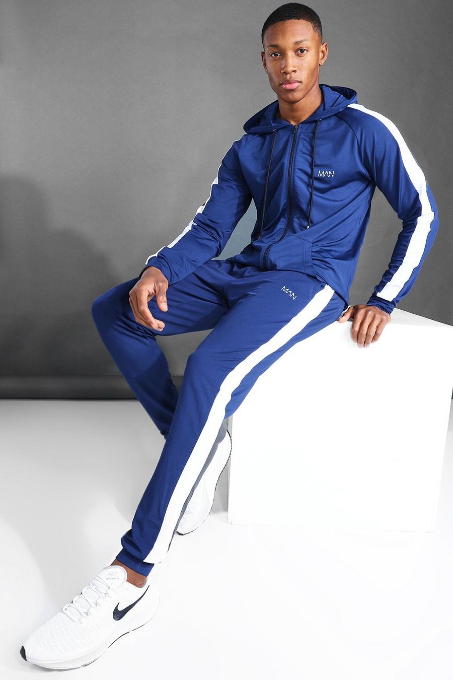 Navy MAN Active Side Stripe Zip Through Hooded Tracksuit image number 1