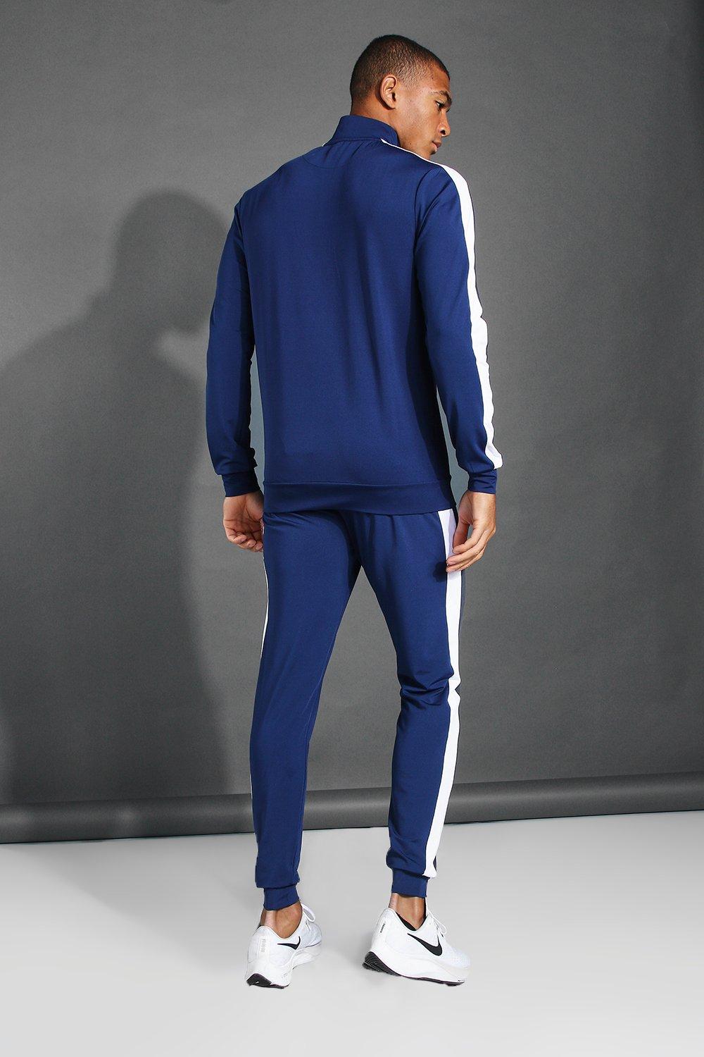 MAN Active Zip Funnel Neck Side Stripe Tracksuit boohoo NO