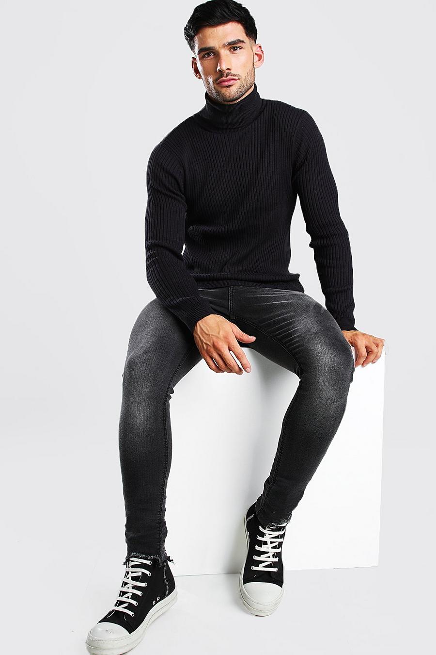 Black Regular Fit Ribbed Turtleneck Sweater image number 1
