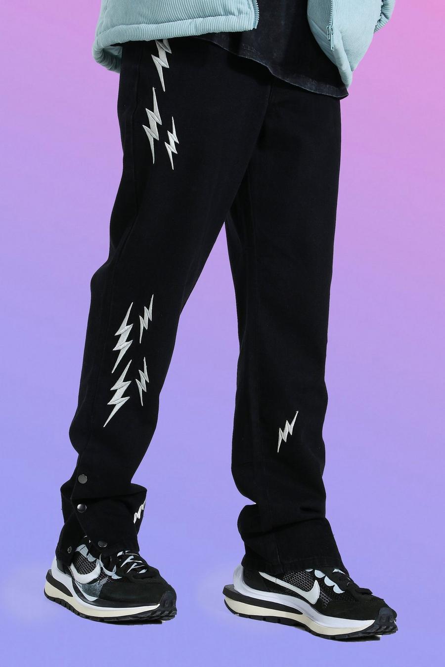 True black Relaxed Fit Applique Lightning Popper Jeans image number 1