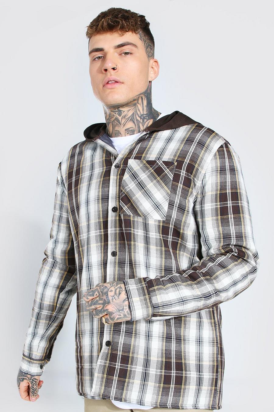 Brown Quilted Utility Flannel Overshirt With Hood image number 1